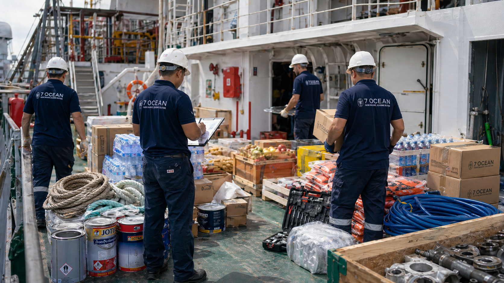 Multi-disciplinary attendance on deck: paint, ropes, tools and consumables.