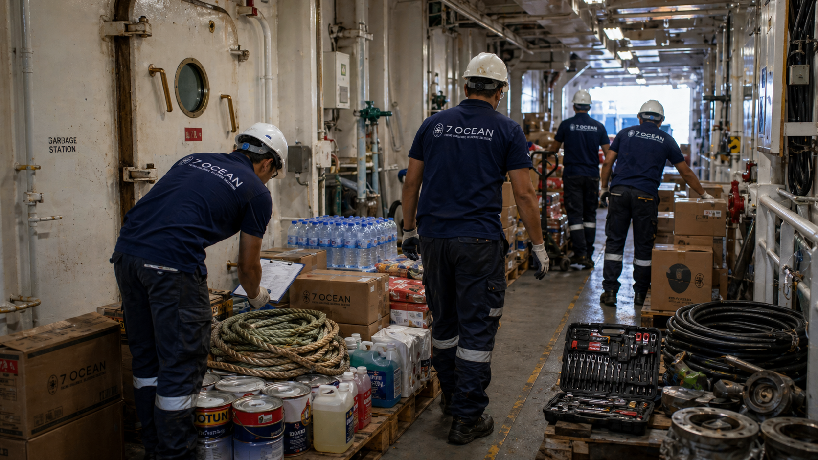 On-board store loading and inventory check inside the engine corridor.